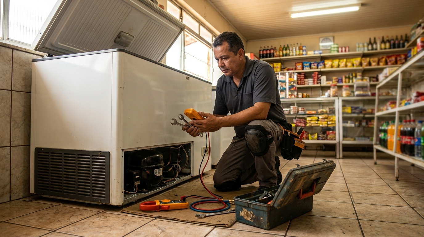 Técnico realizando manutenção de motor de freezer em Londrina‑PR