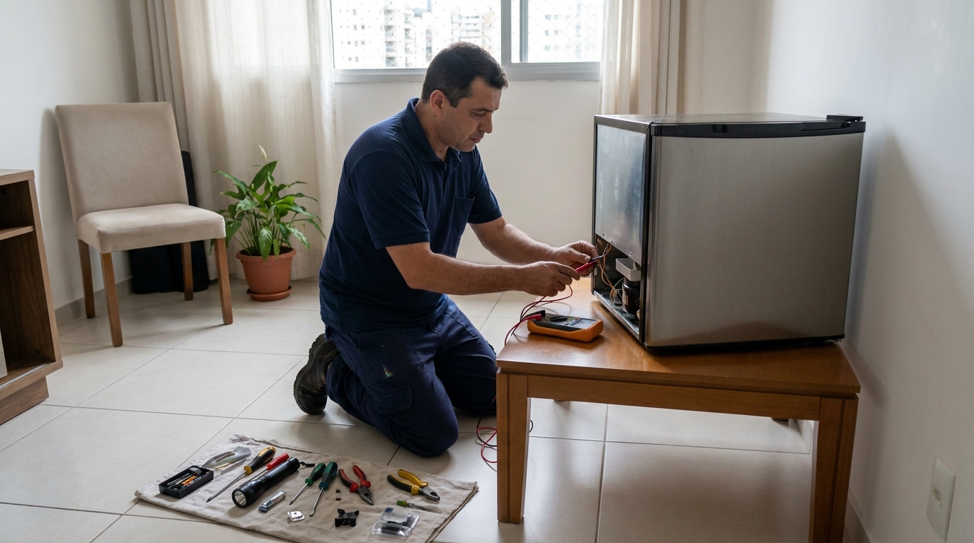 Técnico de conserto de frigobar em residência no Tropical, Londrina‑PR
