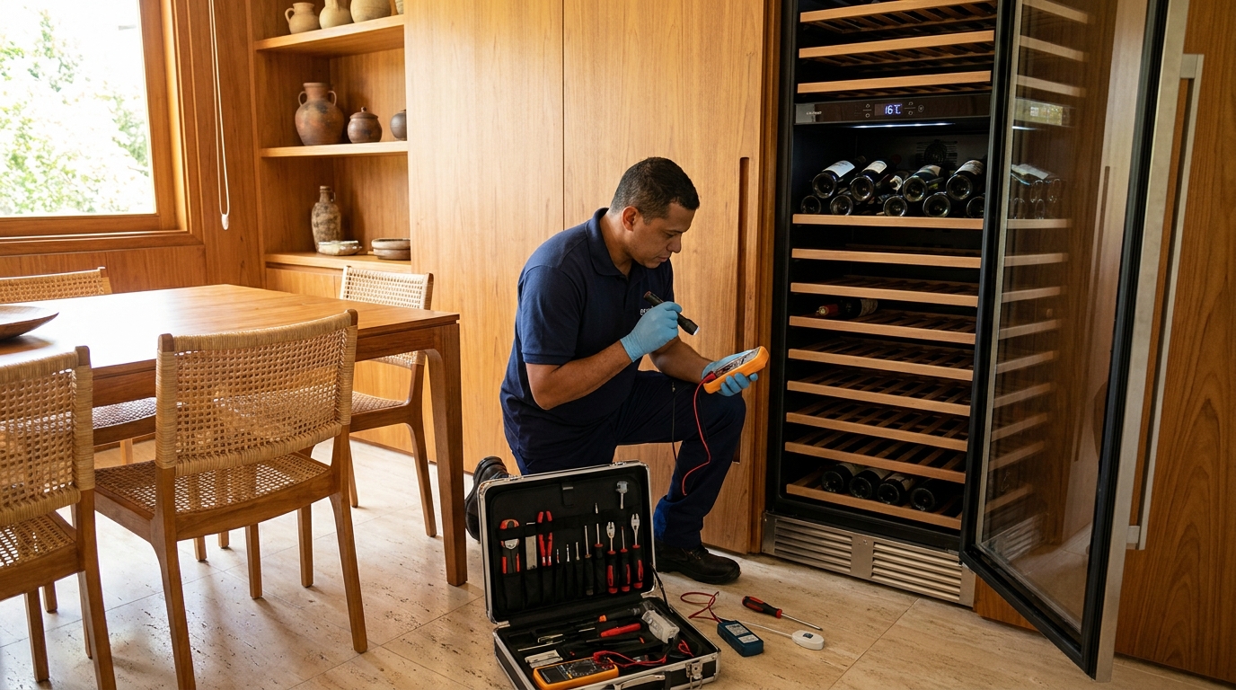 Troca de termostato de adega climatizada em atendimento técnico no Vale do Sol, Londrina‑PR